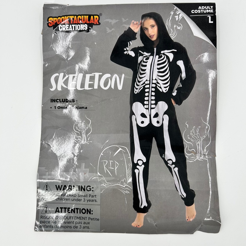 Spooktacular Creations Skeleton Adult Costume Hooded Pajama Bodysuit Large Black